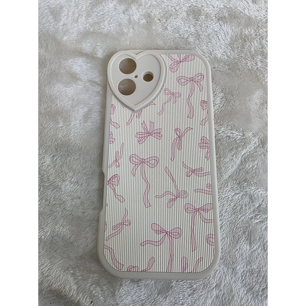 Cream Pink Bow Heart Camera Cutout iPhone Case Coquette Balletcore Ribbed Shell